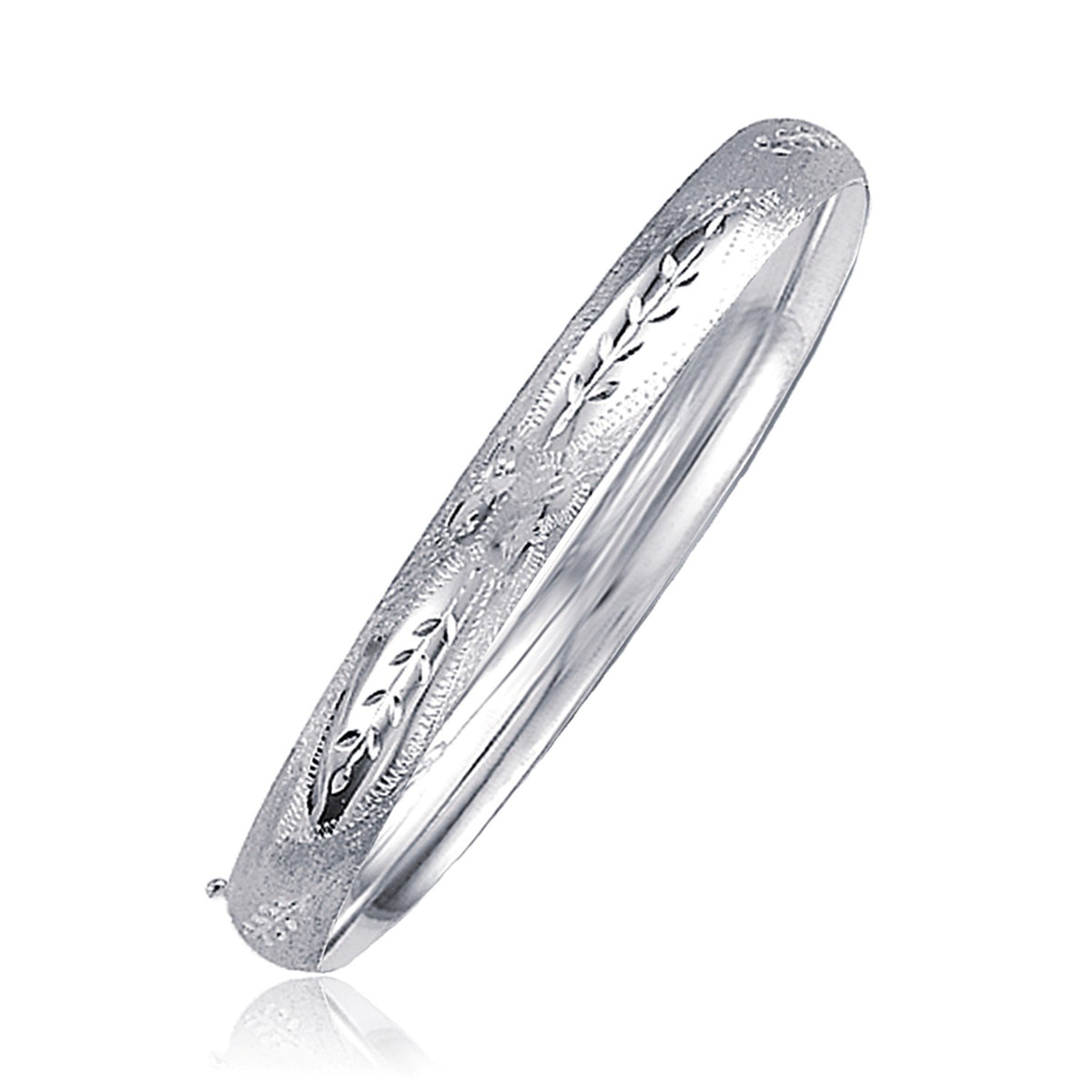 Classic Floral Carved Bangle in 14k White Gold