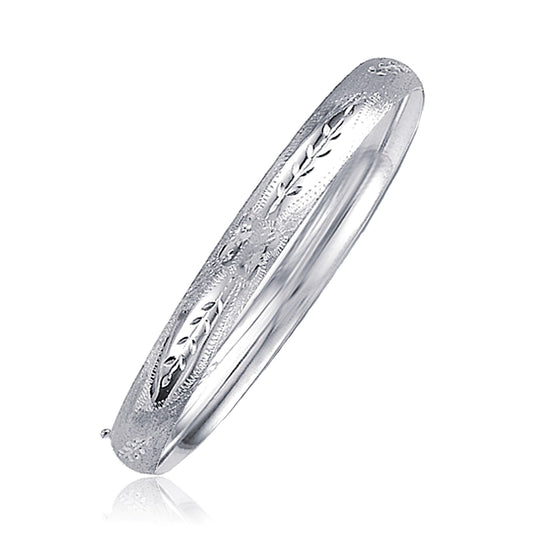 Classic Floral Carved Bangle in 14k White Gold
