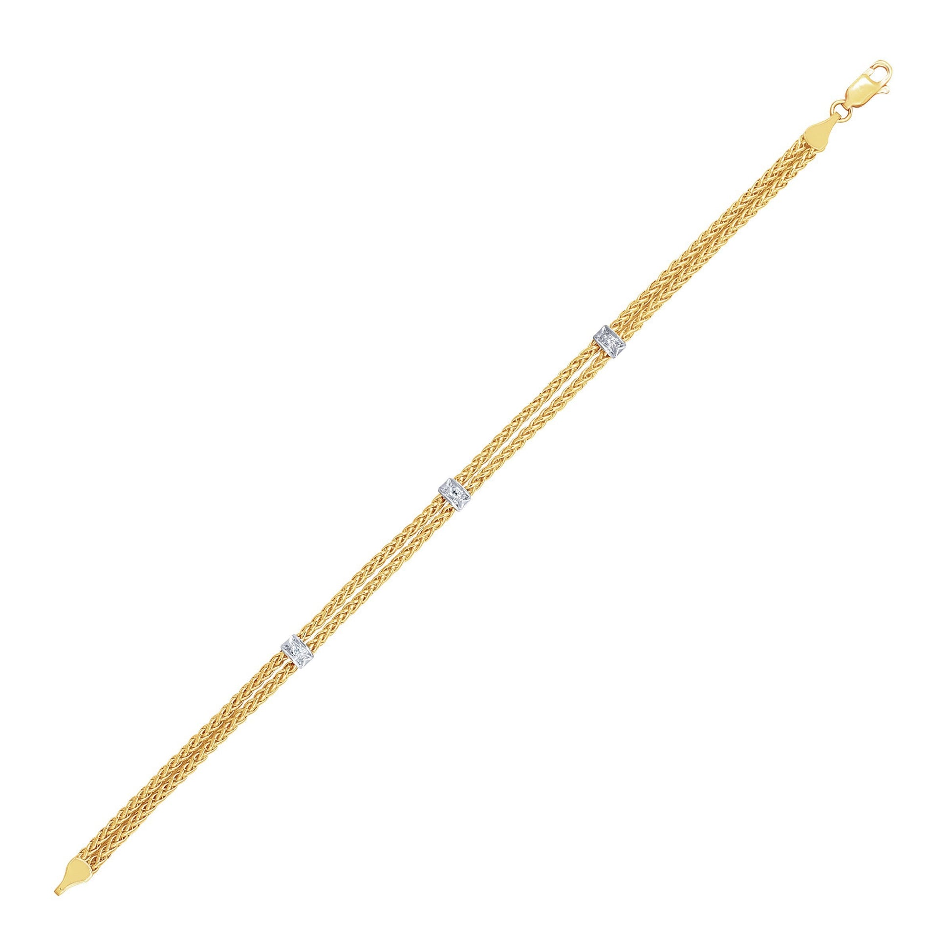 14k Two-Tone Gold Dual Wheat Chain Bracelet with Diamond Stations (3.75 mm) RCJ Bracelets  CELESTIA LUXE JEWELLERS