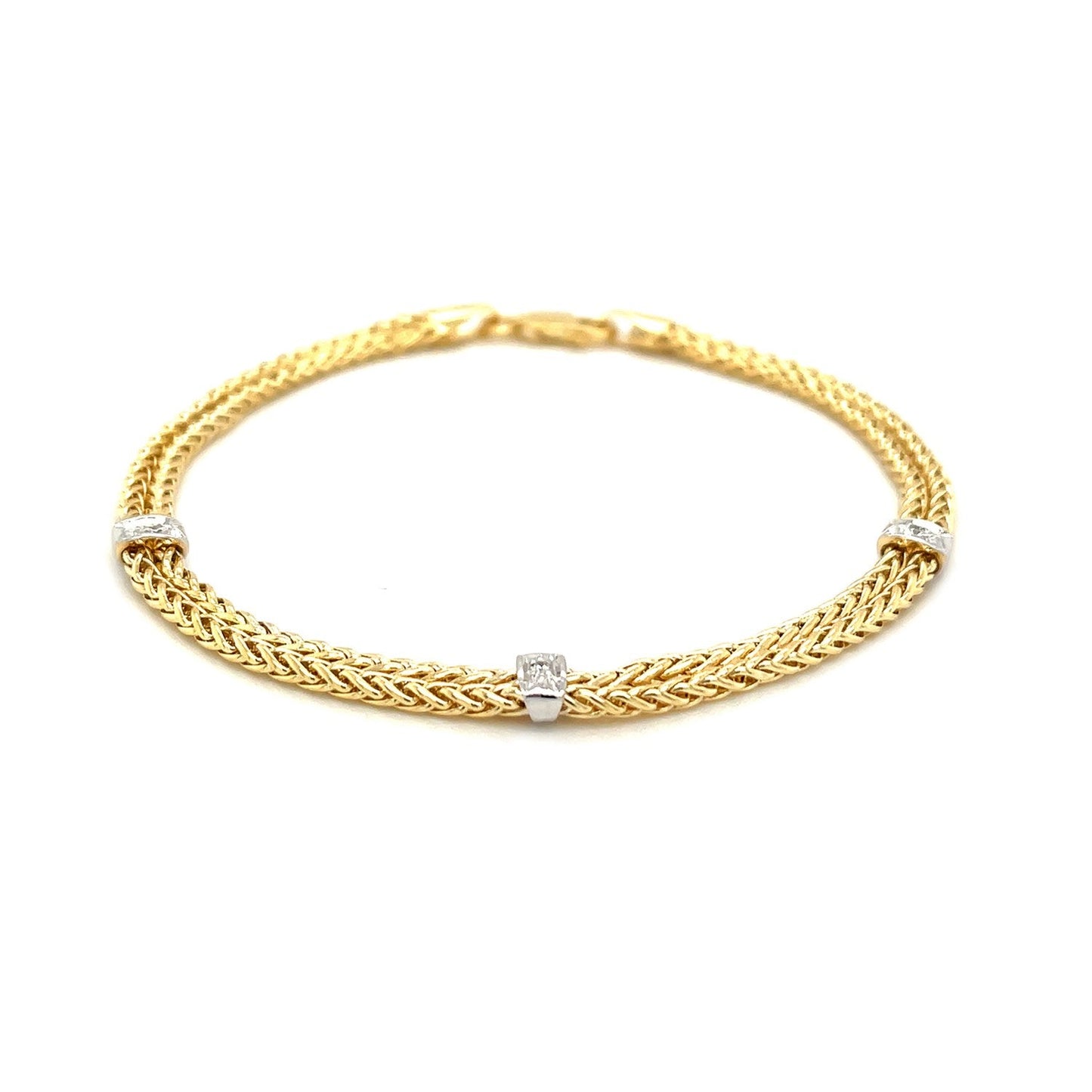 14k Two-Tone Gold Dual Wheat Chain Bracelet with Diamond Stations (3.75 mm) RCJ Bracelets  CELESTIA LUXE JEWELLERS