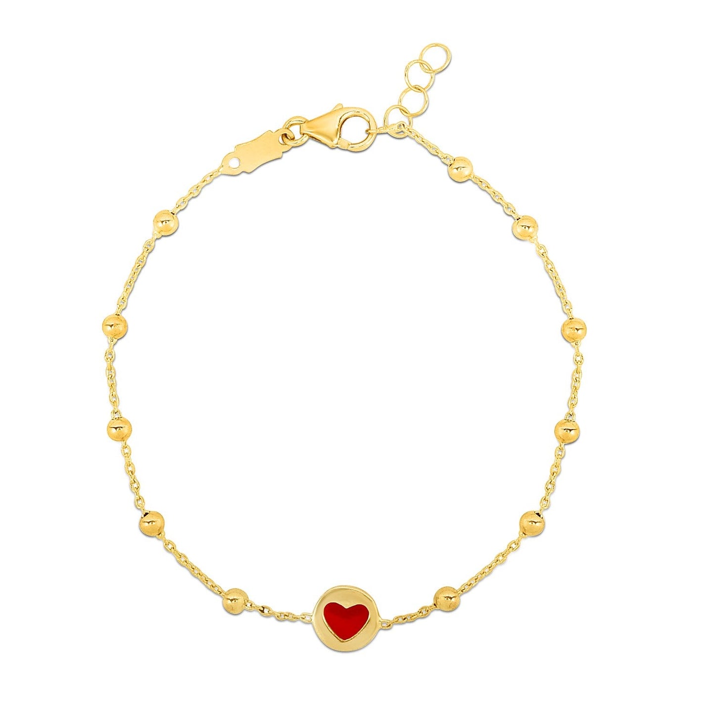 14k Yellow Gold Childrens Bracelet with Beads and Enameled Heart RCJ Bracelets  CELESTIA LUXE JEWELLERS