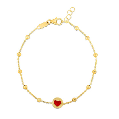 14k Yellow Gold Childrens Bracelet with Beads and Enameled Heart RCJ Bracelets  CELESTIA LUXE JEWELLERS