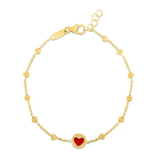 14k Yellow Gold Childrens Bracelet with Beads and Enameled Heart RCJ Bracelets  CELESTIA LUXE JEWELLERS