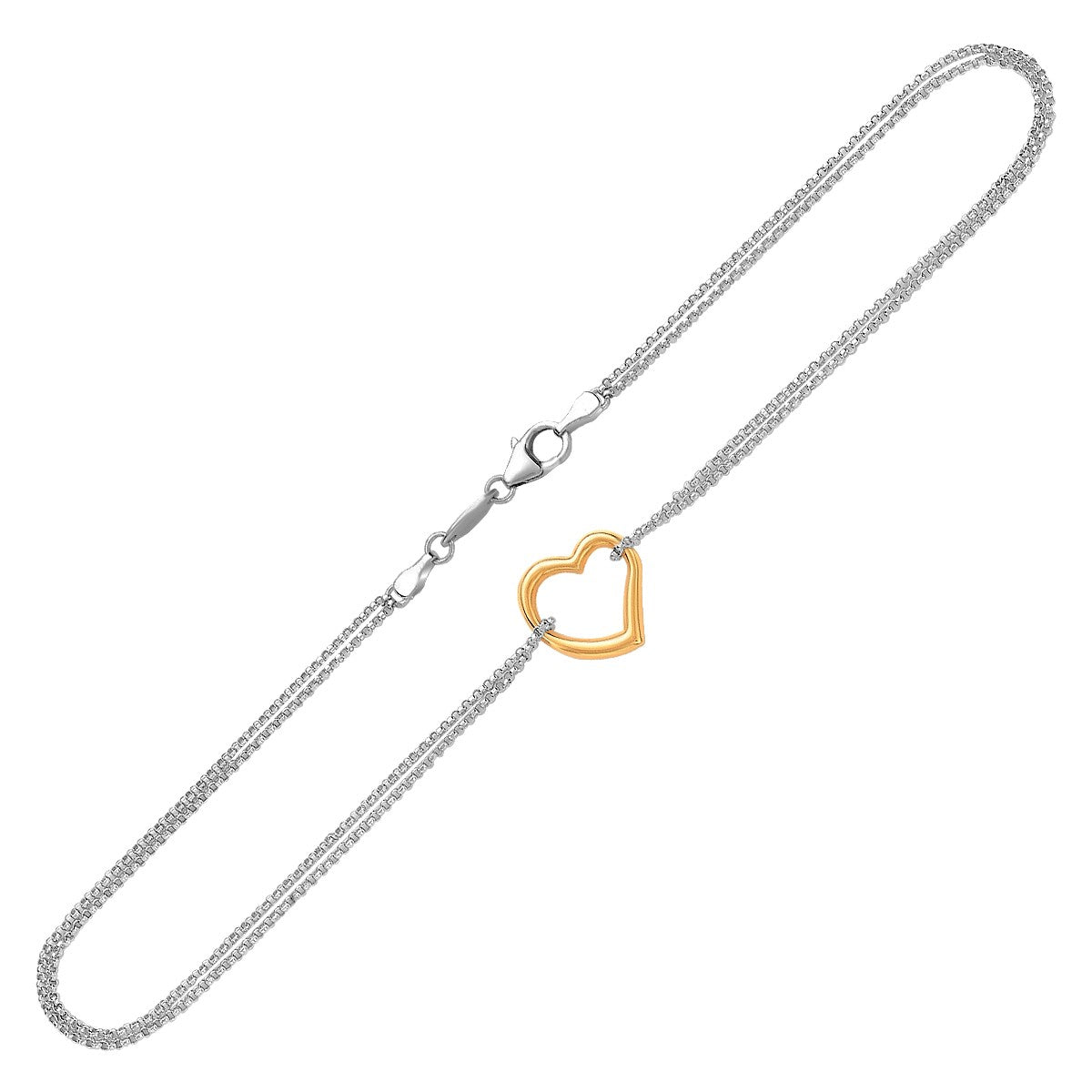 14k Yellow Gold and Sterling Silver Anklet with a Single Open Heart Station RCJ Anklets  CELESTIA LUXE JEWELLERS