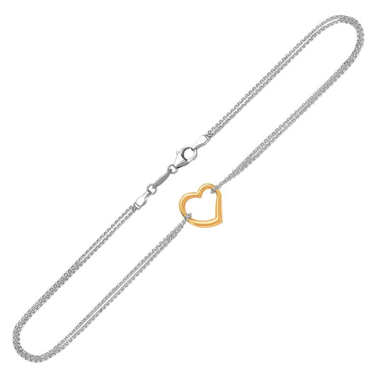 14k Yellow Gold and Sterling Silver Anklet with a Single Open Heart Station RCJ Anklets  CELESTIA LUXE JEWELLERS