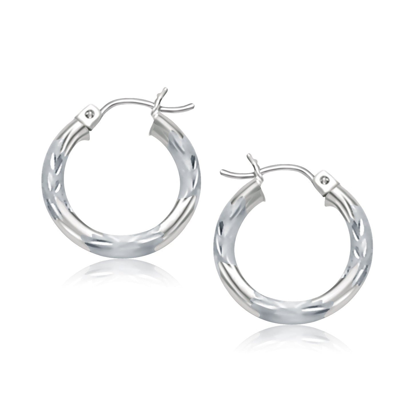 14k White Gold Hoop Earrings with Diamond Cuts (3x15mm) RCJ Earrings  CELESTIA LUXE JEWELLERS