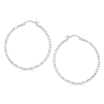 Sterling Silver Rhodium Plated Large Faceted Style Hoop Earrings(2x40mm) RCJ Earrings  CELESTIA LUXE JEWELLERS