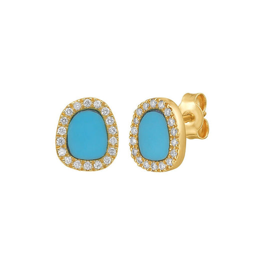 14K Yellow Gold Diamond and Turquoise Freeform Cushion Earrings