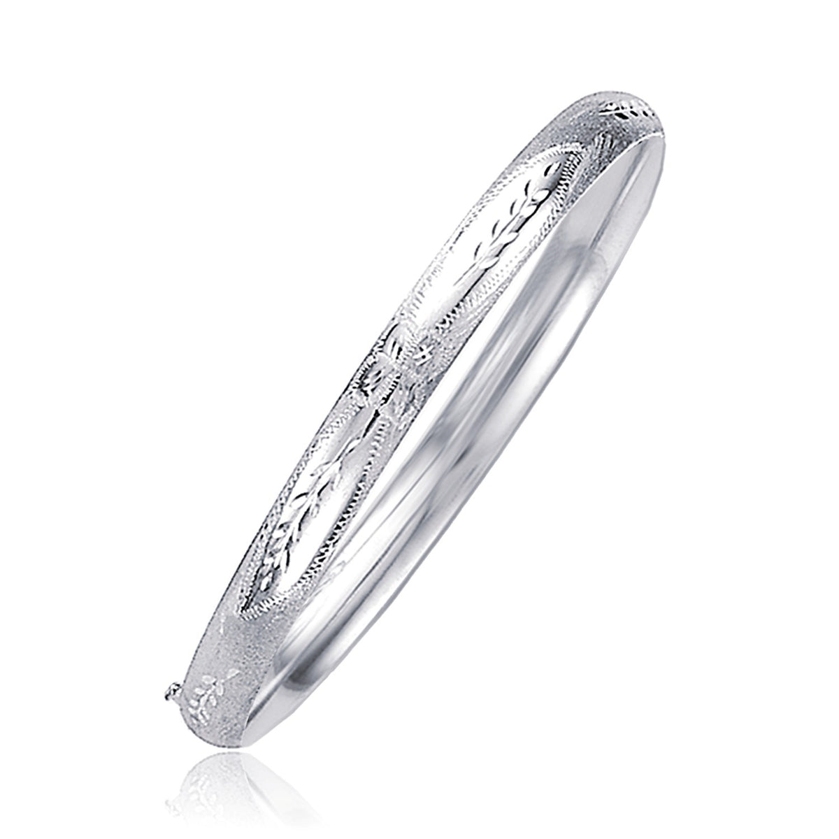 Classic Floral Carved Bangle in 14k White Gold