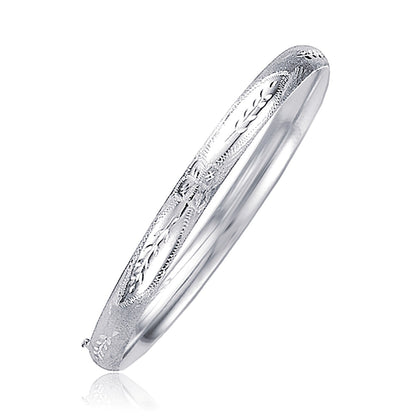 Classic Floral Carved Bangle in 14k White Gold