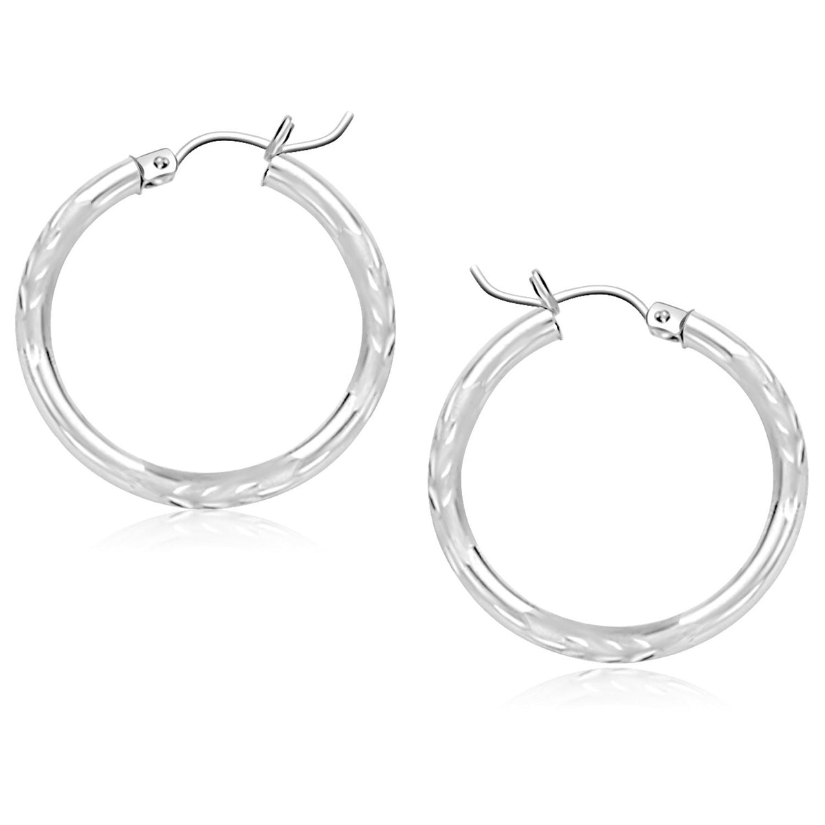 14k White Gold Diamond Cut Hoop Earrings
