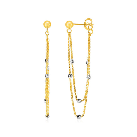 Hanging Chain Post Earrings with Bead Accents in 14k Yellow and White Gold — CELESTIALUXEJEWELLERS