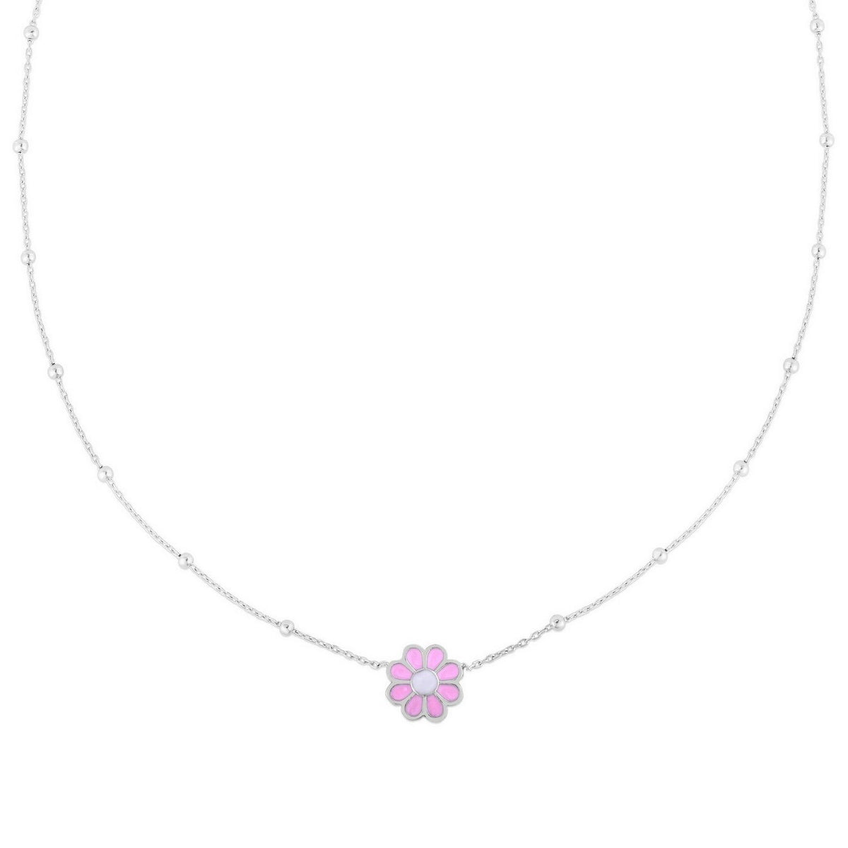 Sterling Silver Rhodium Plated Enamel Pink Flower Necklace