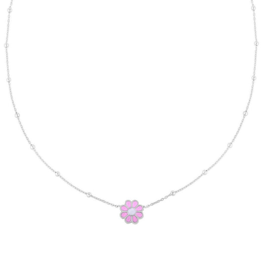 Sterling Silver Rhodium Plated Enamel Pink Flower Necklace
