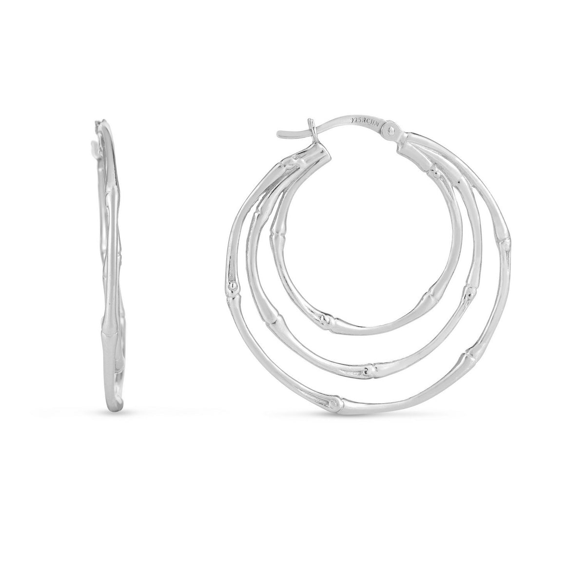 Sterling Silver Rhodium Plated Multi Row Bamboo Hoop Earrings
