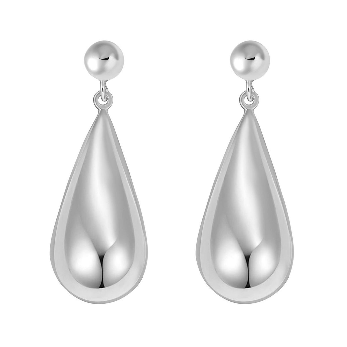 Sterling Silver Rhodium Plated Puffed Teardrop Dangle Earrings