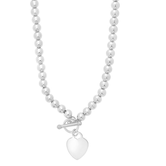 Sterling Silver Rhodium Plated Bead Toggle Heart Necklace