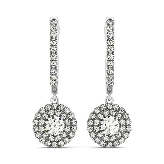 14k White Gold Double Halo Round Diamond Drop Earrings (1 cttw) — CELESTIALUXEJEWELLERS