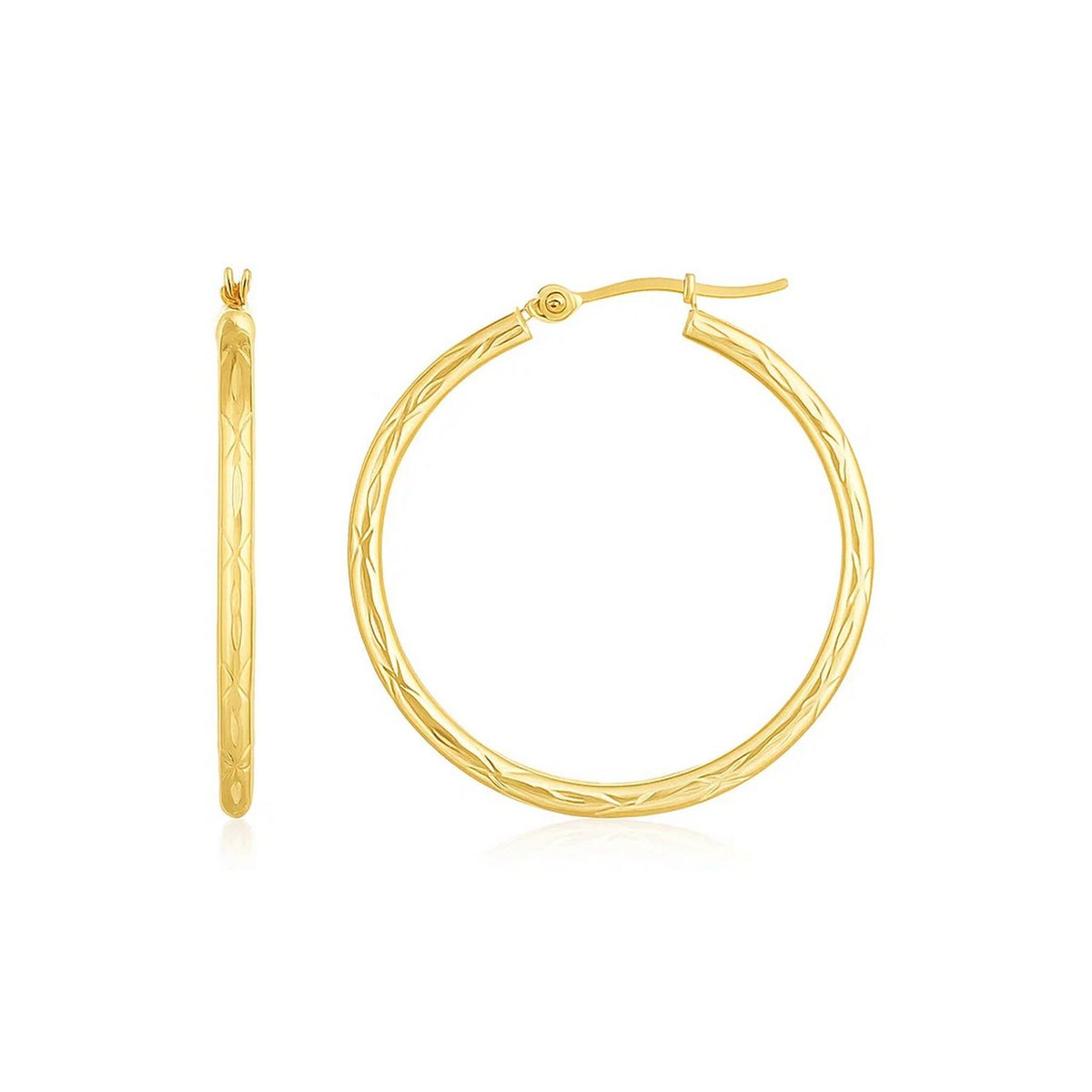 14K Yellow Gold Diamond Cut Hoop Earrings