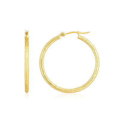 14K Yellow Gold Diamond Cut Hoop Earrings