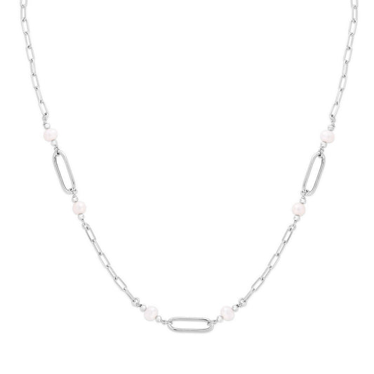 Sterling Silver Rhodium Plated Freshwater Pearl Paperclip Necklace