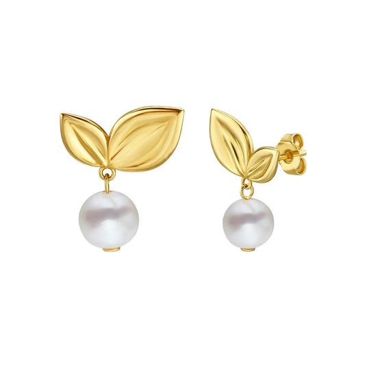 Pearl Drop Earrings with Cherry Leaf in 14K Yellow Gold RCJ Earrings  CELESTIA LUXE JEWELLERS
