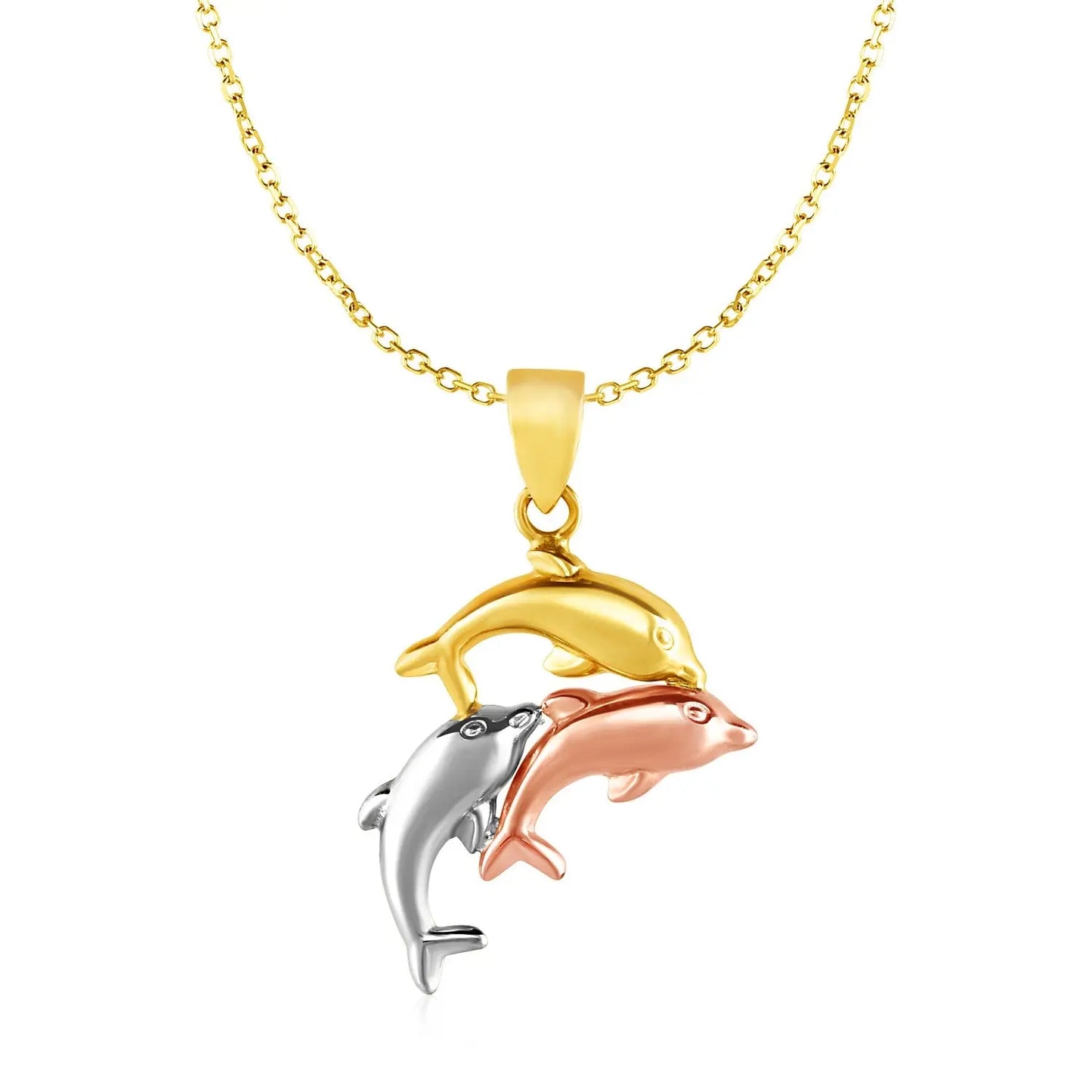 Pendant with Three Dolphins in 10k Tri Color Gold RCJ Pendants  CELESTIA LUXE JEWELLERS