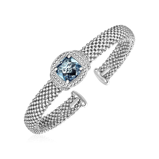Popcorn Texture Cuff Bangle with Blue Topaz and Diamonds in Sterling Silver RCJ Bangles  CELESTIA LUXE JEWELLERS