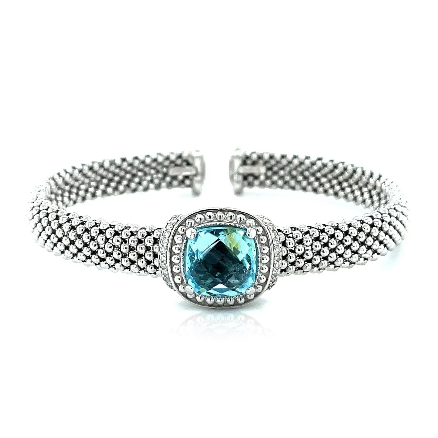Popcorn Texture Cuff Bangle with Blue Topaz and Diamonds in Sterling Silver RCJ Bangles  CELESTIA LUXE JEWELLERS