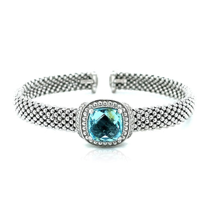 Popcorn Texture Cuff Bangle with Blue Topaz and Diamonds in Sterling Silver RCJ Bangles  CELESTIA LUXE JEWELLERS