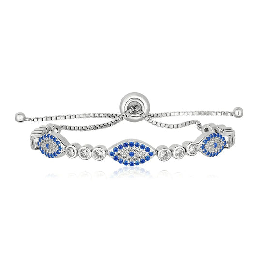 Sterling Silver Adjustable Enameled Evil Eye Bracelet with Cubic Zirconias RCJ Bracelets  CELESTIA LUXE JEWELLERS
