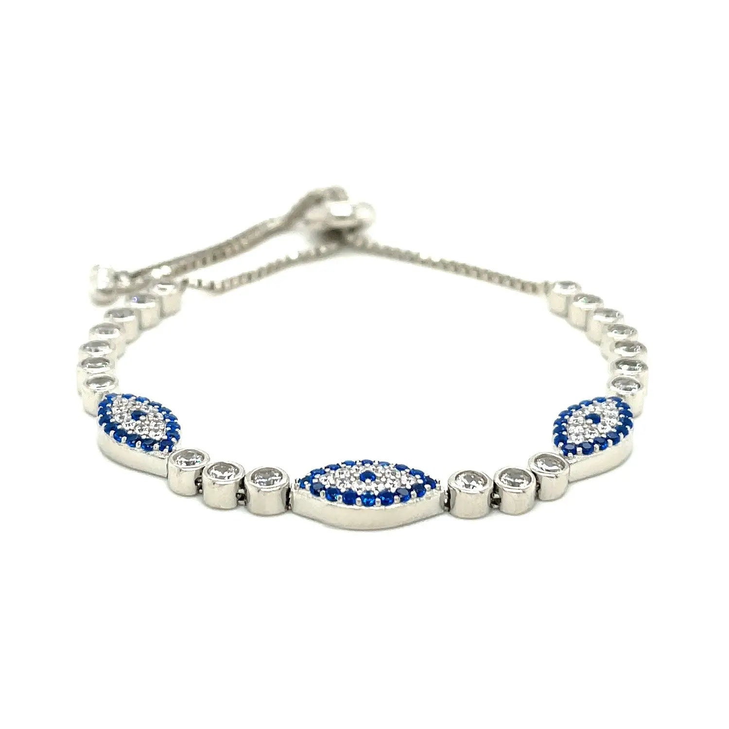 Sterling Silver Adjustable Enameled Evil Eye Bracelet with Cubic Zirconias RCJ Bracelets  CELESTIA LUXE JEWELLERS