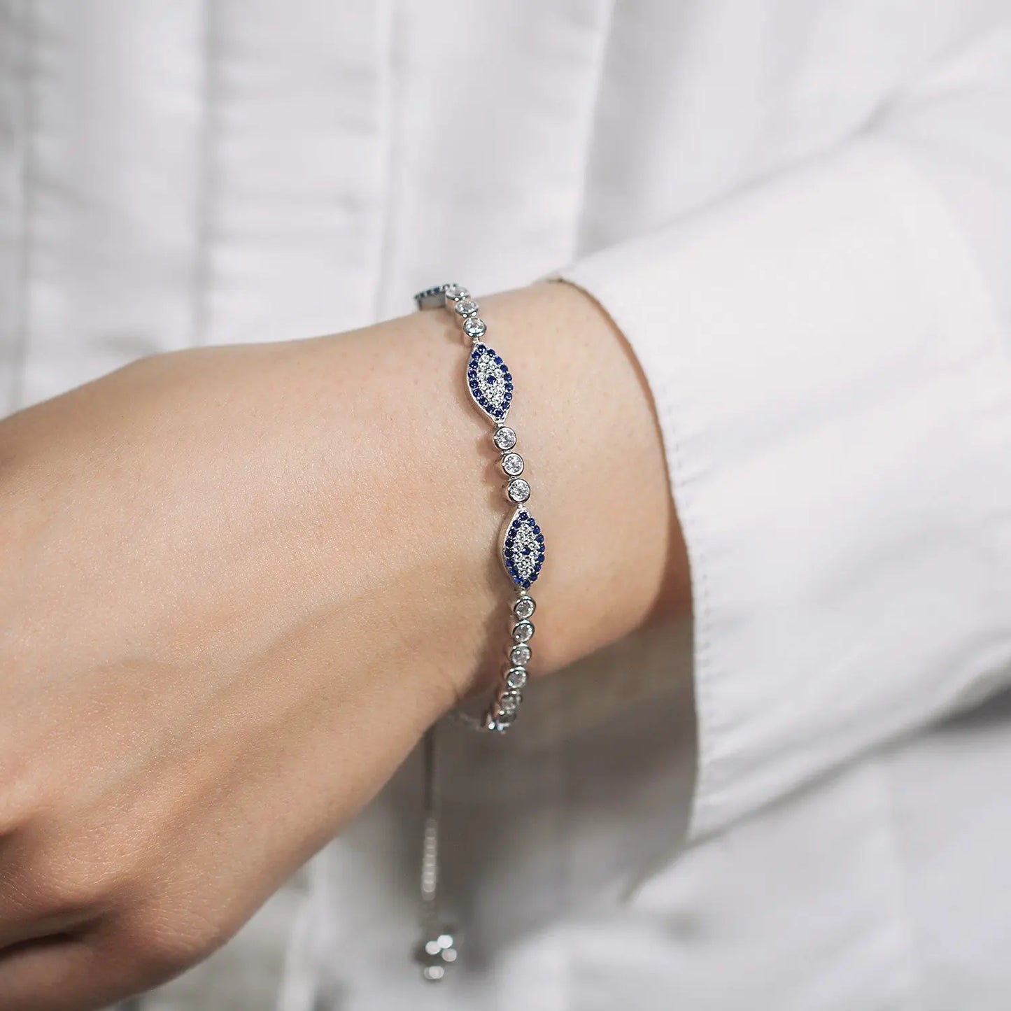 Sterling Silver Adjustable Enameled Evil Eye Bracelet with Cubic Zirconias RCJ Bracelets  CELESTIA LUXE JEWELLERS