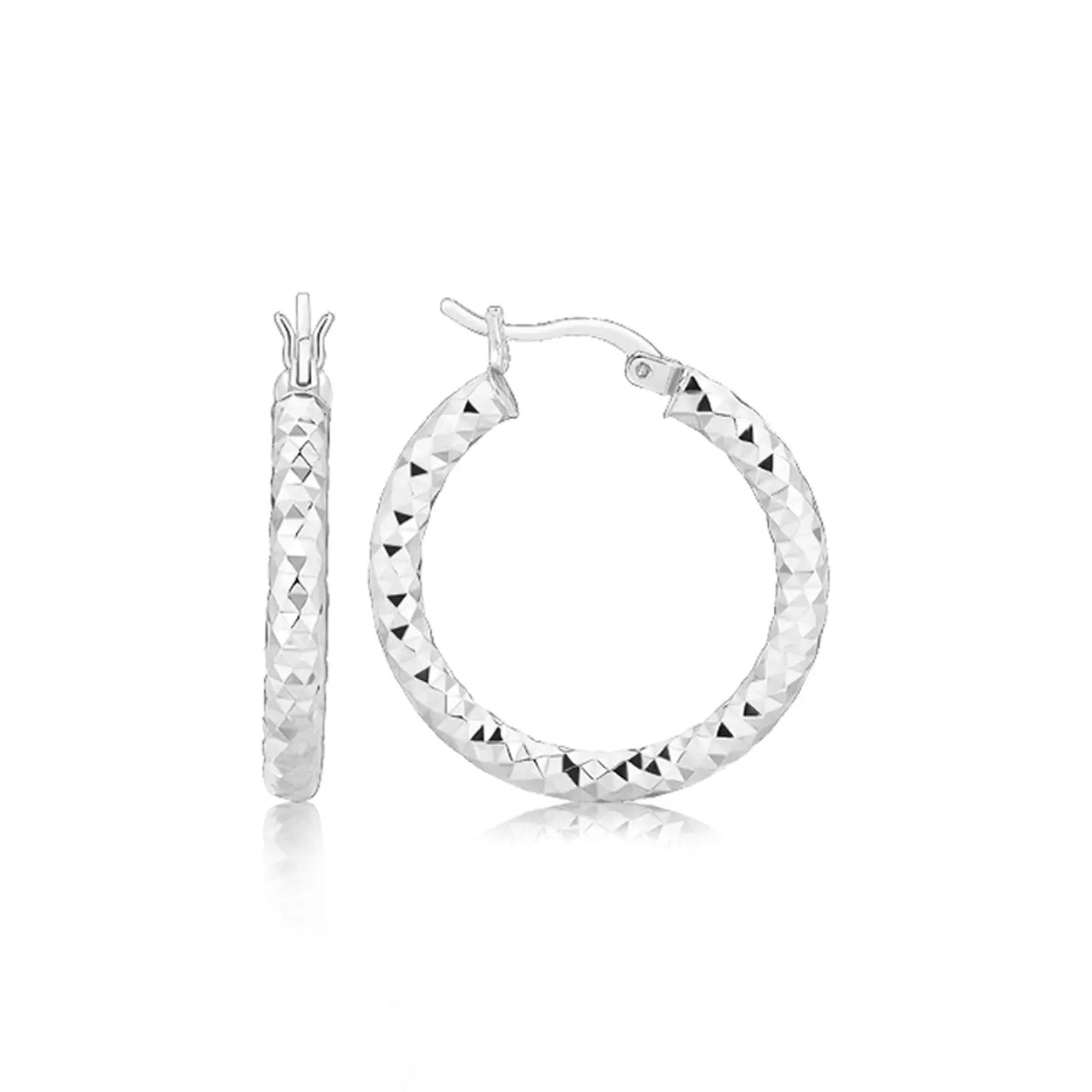Sterling Silver Faceted Style Hoop Earrings with Rhodium Finishing(3x20mm) RCJ Earrings  CELESTIA LUXE JEWELLERS