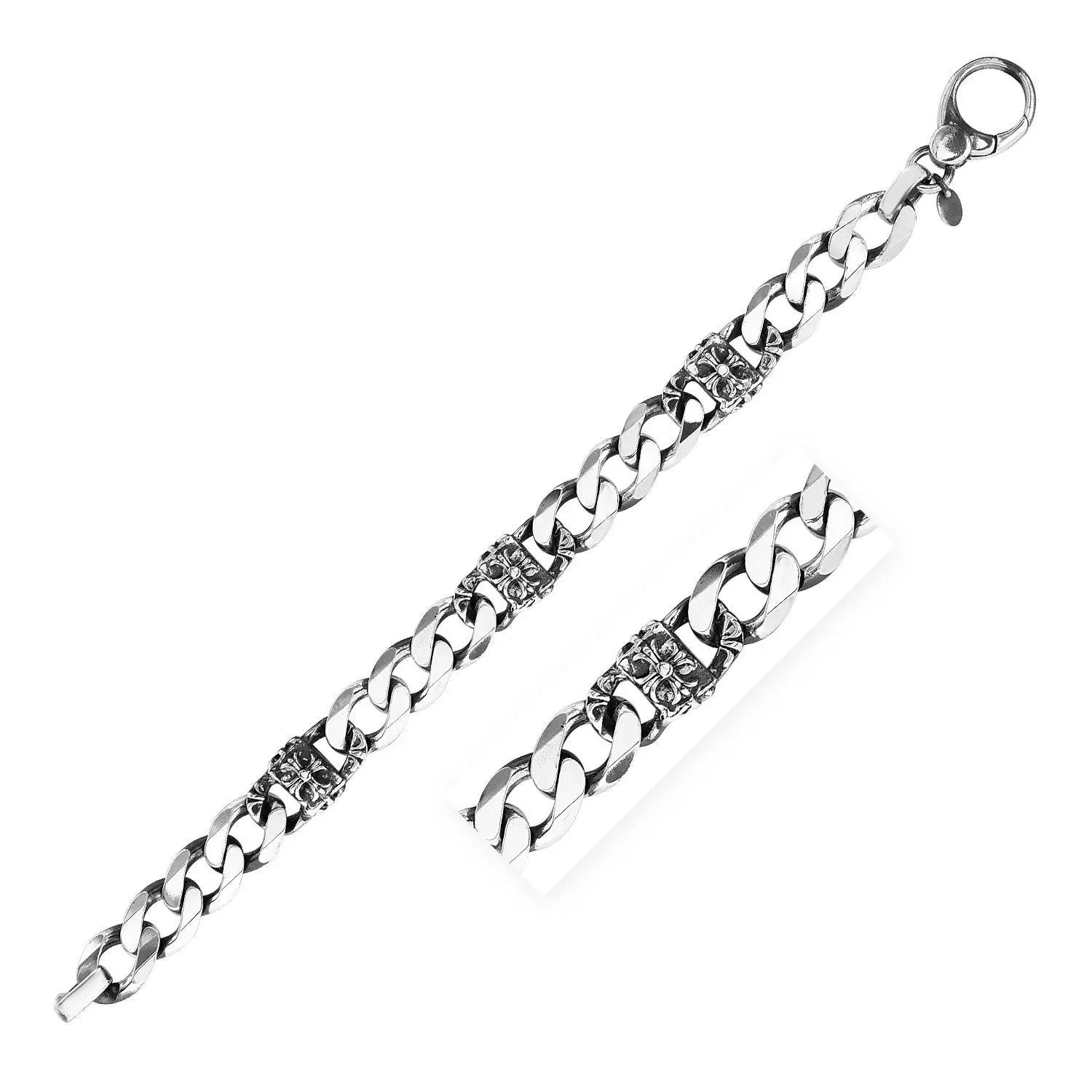 Sterling Silver Gunmetal Finish Cuban Link Bracelet with Floral Design(11.50 mm) RCJ Bracelets  CELESTIA LUXE JEWELLERS