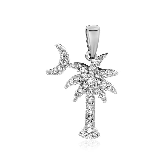 Sterling Silver Palm Tree and Crescent Moon Pendant with Cubic Zirconias RCJ Pendants  CELESTIA LUXE JEWELLERS