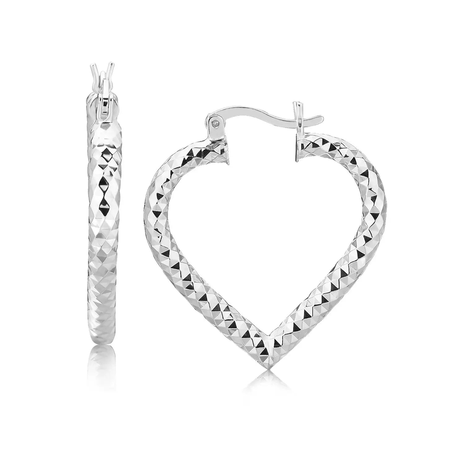 Sterling Silver Rhodium Plated Heart Style Hoop Diamond Cut Earrings(3x22mm) RCJ Earrings  CELESTIA LUXE JEWELLERS