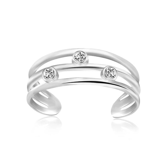 Sterling Silver Rhodium Plated Triple Line Open Motif Cubic Zirconia Toe Ring RCJ Toe Rings  CELESTIA LUXE JEWELLERS