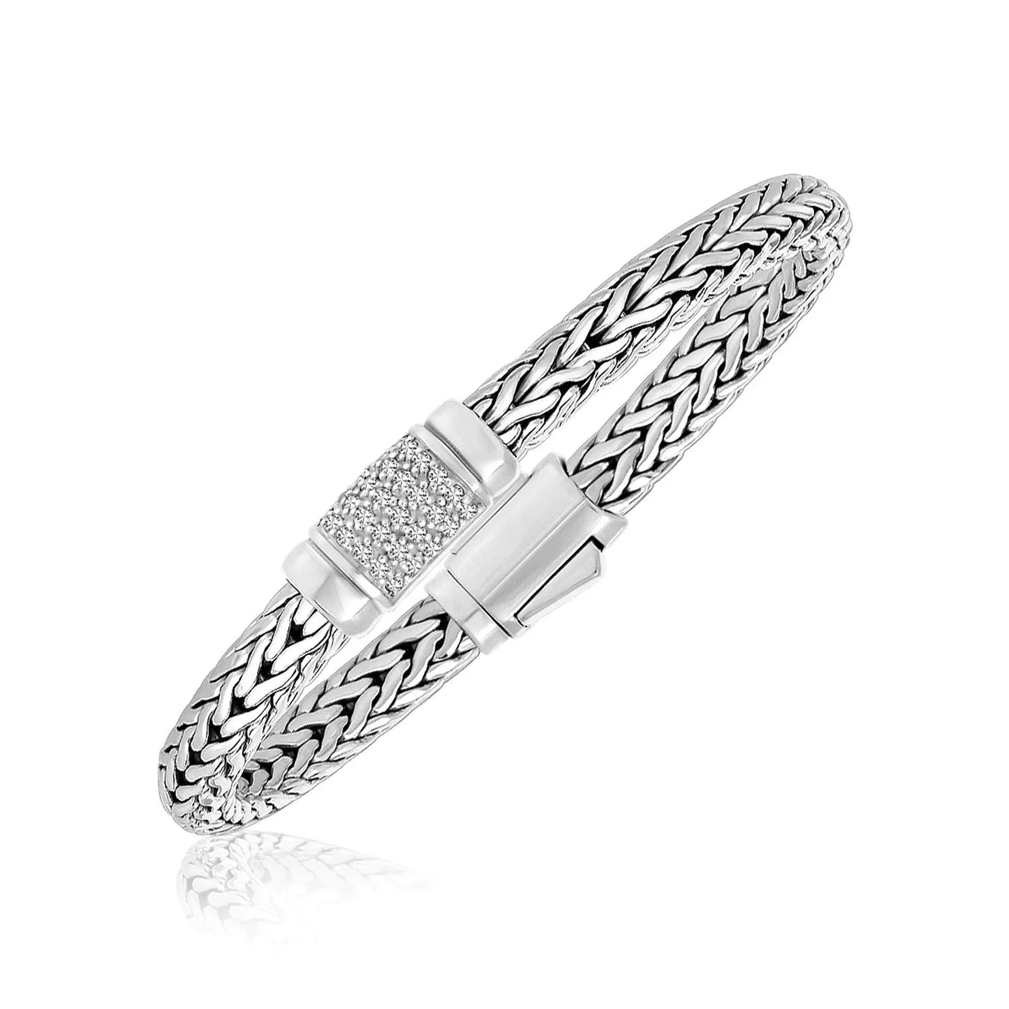 Sterling Silver Weave Motif Bracelet with White Sapphire Accents (6.35 mm) RCJ Bracelets  CELESTIA LUXE JEWELLERS